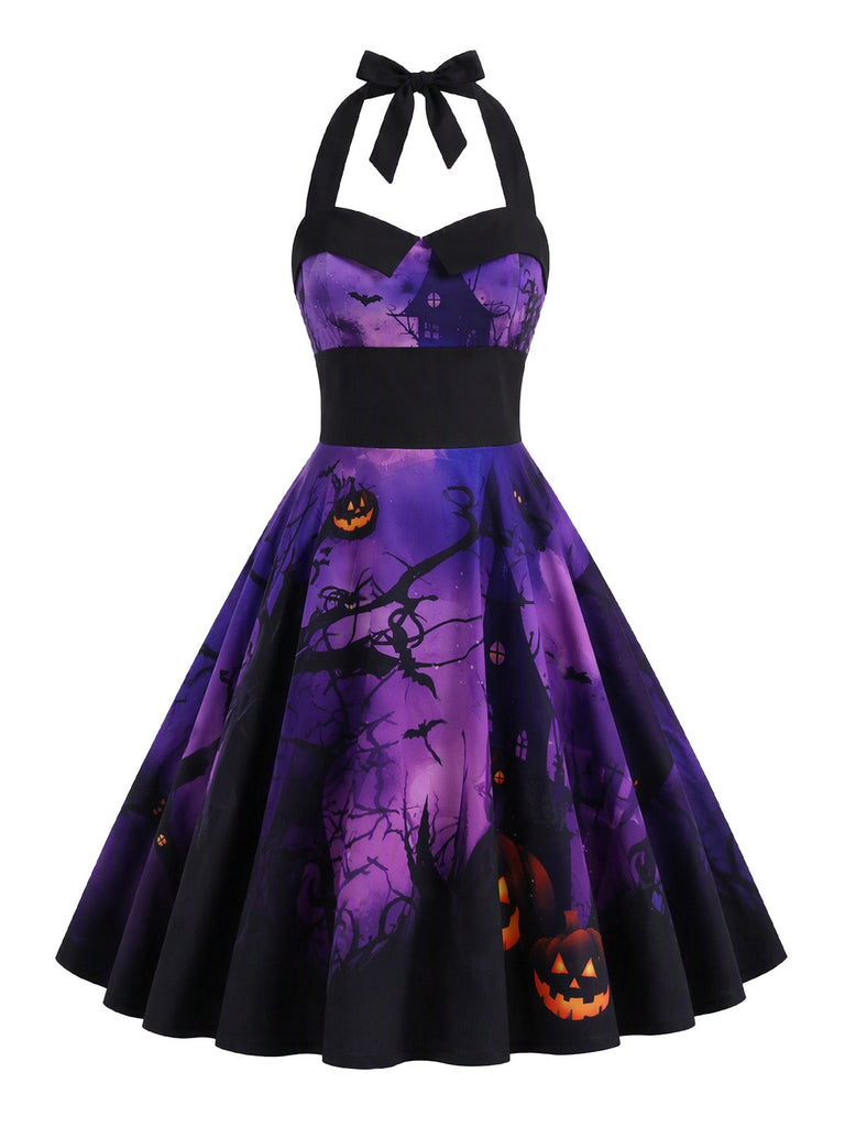Robe d’Halloween évasée à imprimé citrouille et dos nu Halter années 1950