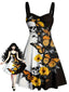 Robe contrastée à col cœur tournesols papillons et crânes années 1950