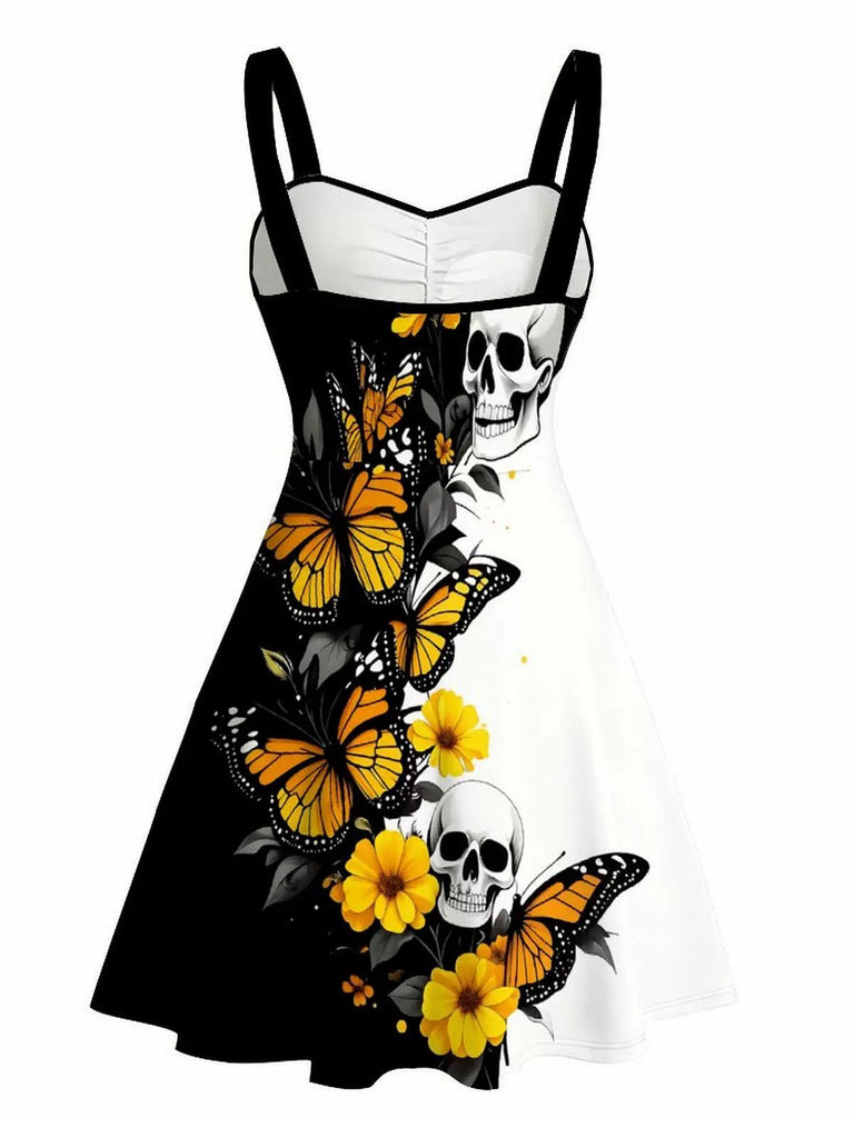 Robe contrastée à col cœur, tournesols, papillons et crânes années 1950