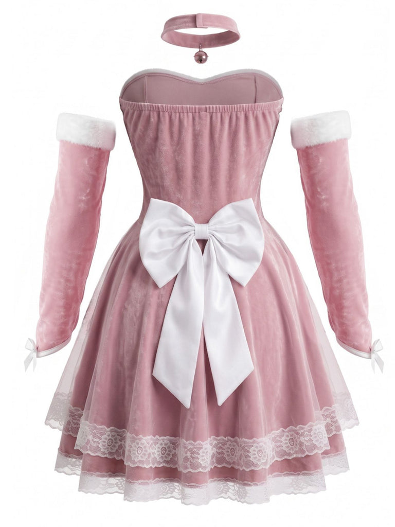 Ensemble déguisement de lapin rose, robe bustier en velours et fourrure années 1950 - 3