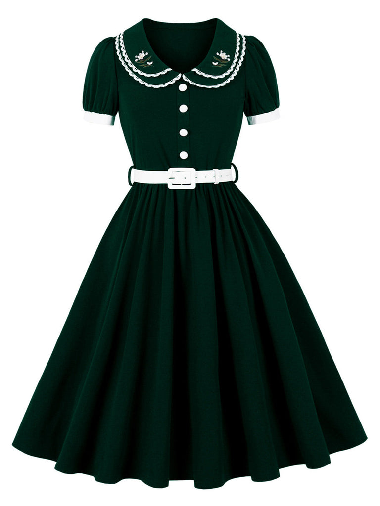 Robe évasée en dentelle fleurie brodée à col Claudine superposé années 1950 - 5
