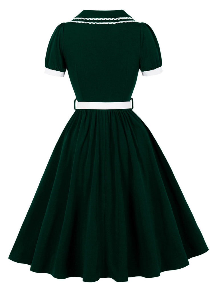 Robe évasée en dentelle fleurie brodée à col Claudine superposé années 1950 - 6