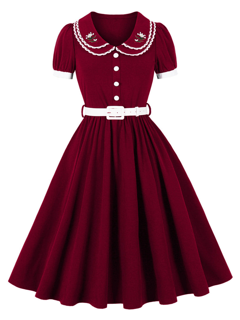 Robe évasée en dentelle fleurie brodée à col Claudine superposé années 1950 - 3