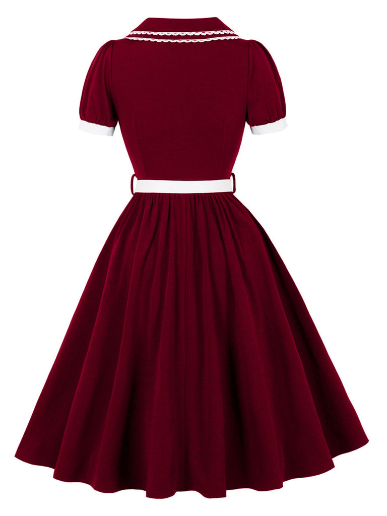 Robe évasée en dentelle fleurie brodée à col Claudine superposé années 1950 - 4