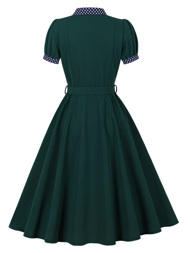 Robe évasée verte à pois, col, manches bouffantes et ceinture années 1950 - 2