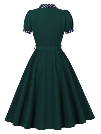 Robe évasée verte à pois, col, manches bouffantes et ceinture années 1950 - 2