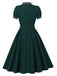 Robe évasée verte à pois, col, manches bouffantes et ceinture années 1950 - 2