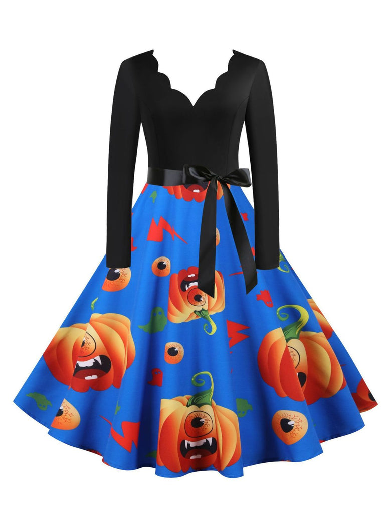 Robe évasée d’Halloween à citrouilles, col pétale et manches longues années 1950