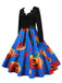 Robe évasée d’Halloween à citrouilles, col pétale et manches longues années 1950