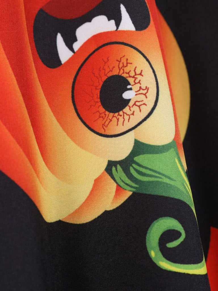Robe évasée d’Halloween à citrouilles, col pétale et manches longues années 1950