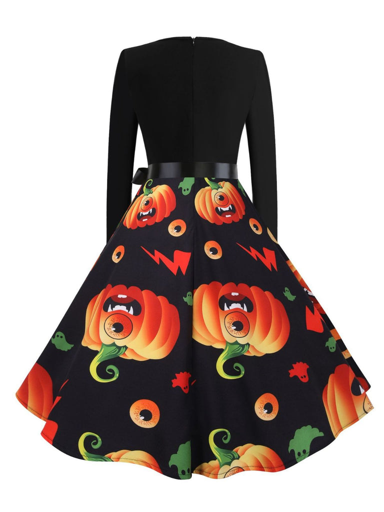 Robe évasée d’Halloween à citrouilles, col pétale et manches longues années 1950