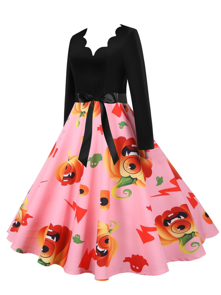 Robe évasée d’Halloween à citrouilles, col pétale et manches longues années 1950