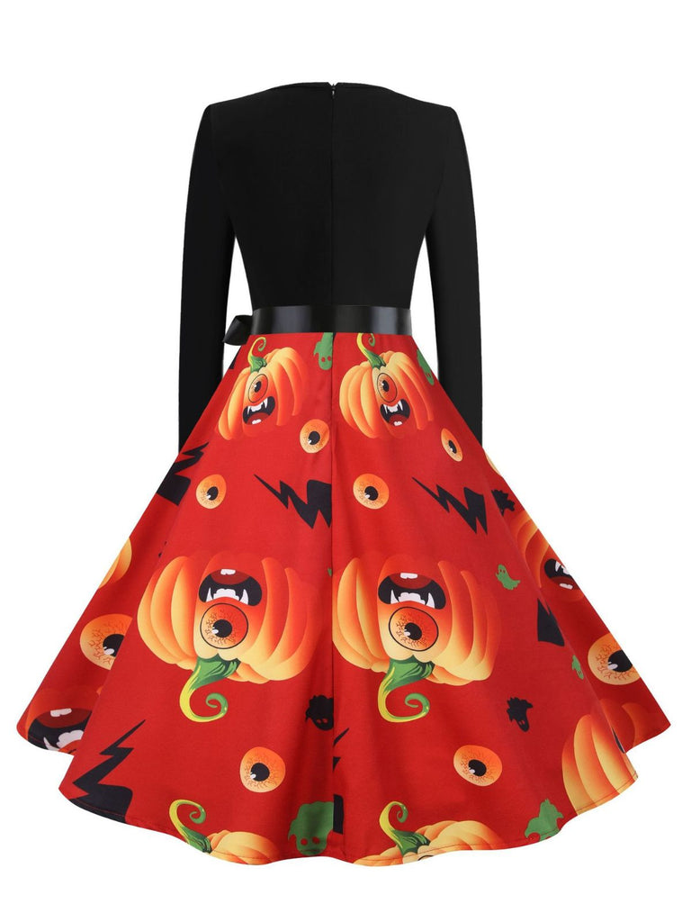 Robe évasée d’Halloween à citrouilles, col pétale et manches longues années 1950