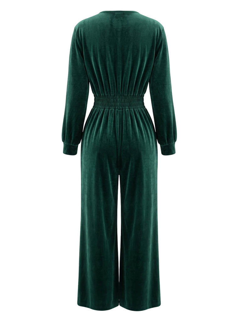 Combinaison velours manches longues col V et taille smockée années 50
