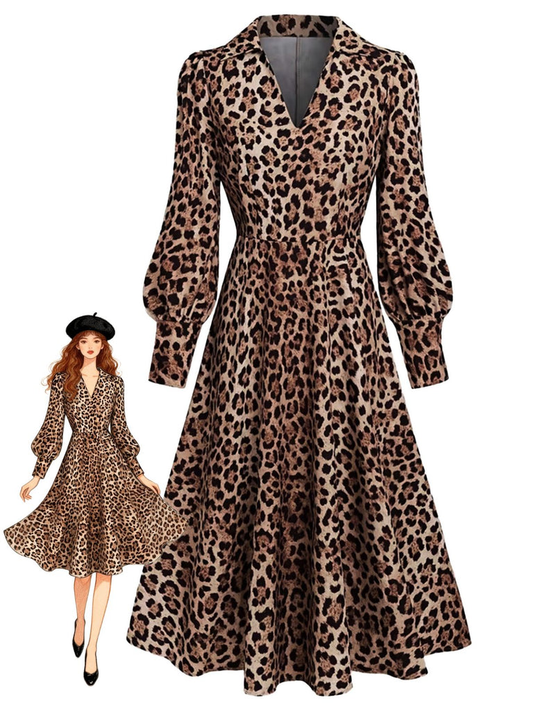 Robe léopard marron à col V et manches ballon années 1940