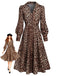 Robe léopard marron à col V et manches ballon années 1940