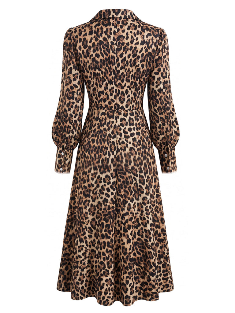 Robe léopard marron à col V et manches ballon années 1940