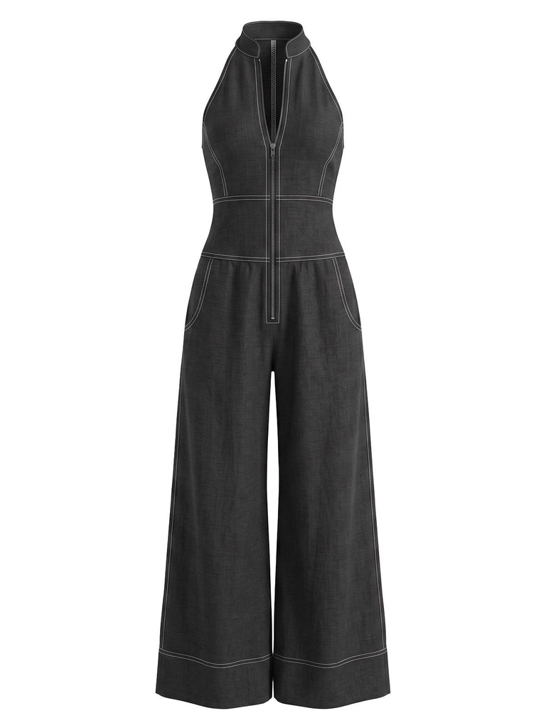 Combinaison effet denim à col halter et jambes larges années 1940 - 1