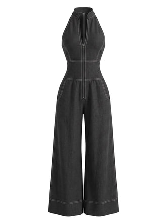 Combinaison effet denim à col halter et jambes larges années 1940