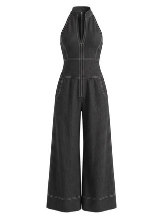 Combinaison effet denim à col halter et jambes larges années 1940 - 1