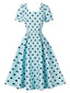 Robe évasée bleue à pois et manches bouffantes années 1950