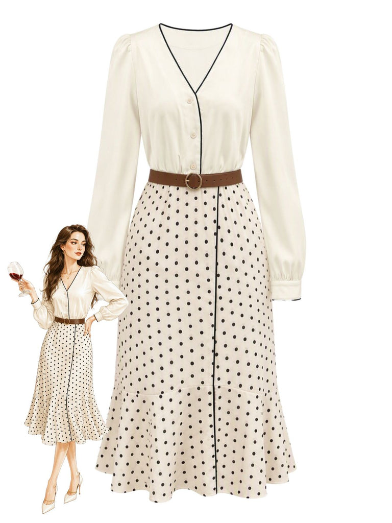 2PCS Ensemble blouse beige en satin à col V et jupe sirène à pois Années 1930 - 1