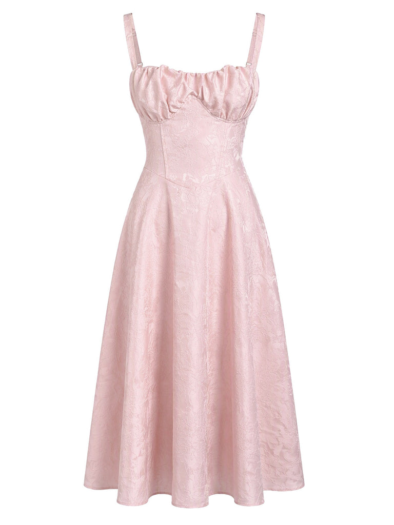 Robe corset en jacquard fleuri à fines bretelles et buste froncé années 1950 - 1