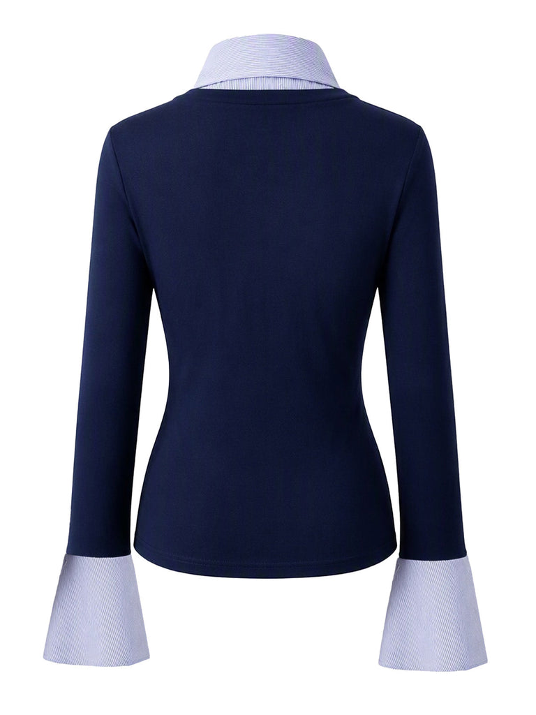 Haut bleu marine à col V et manches évasées style preppy Années 1980 - 2