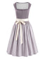 2PCS Robe et tablier violets à fleurs pois et col carré années 1950