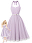 Robe dos nu patchwork dentelle et tissu carreaux lilas encolure tour de cou années 50