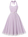 Robe lavande à carreaux, col Halter, dos nu et empiècements en dentelle Années 1950 - 2