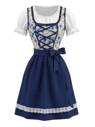 Robe bleue et blanche à fleurs, dentelle et manches bouffantes avec tablier années 1950