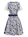 Robe bleue et blanche à fleurs, dentelle et manches bouffantes avec tablier années 1950