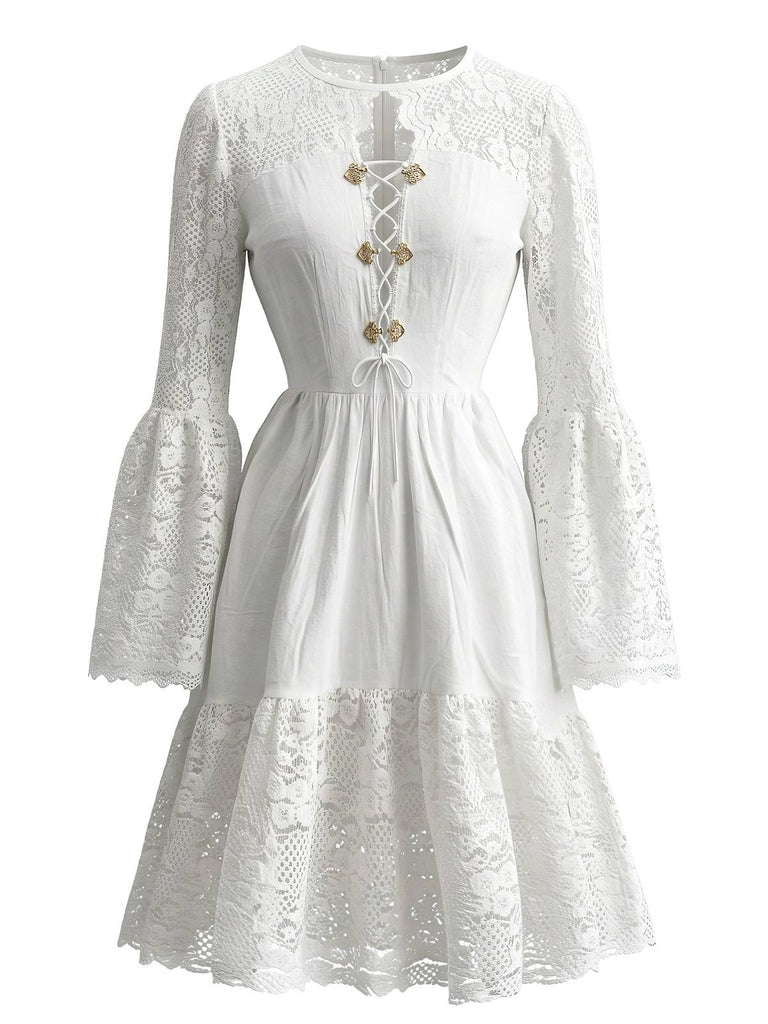 Robe midi blanche à laçage bohème et manches évasées années 1980