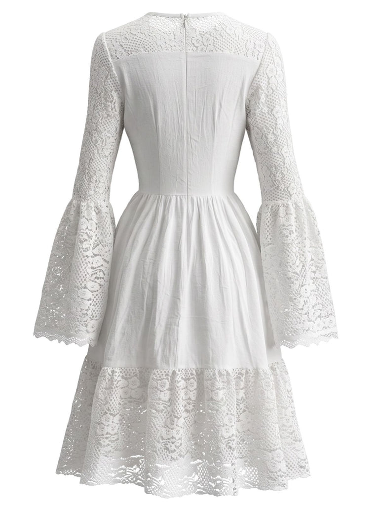 Robe midi blanche à laçage bohème et manches évasées années 1980