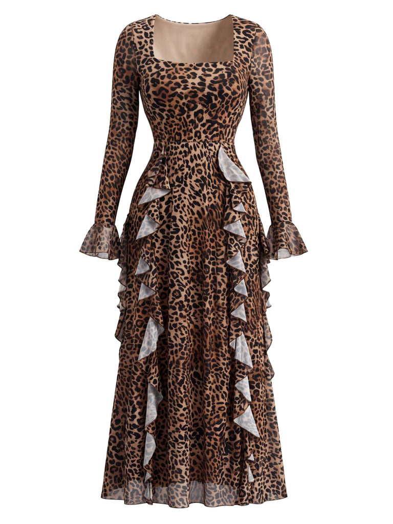 Robe longue léopard à col carré et volants années 1980