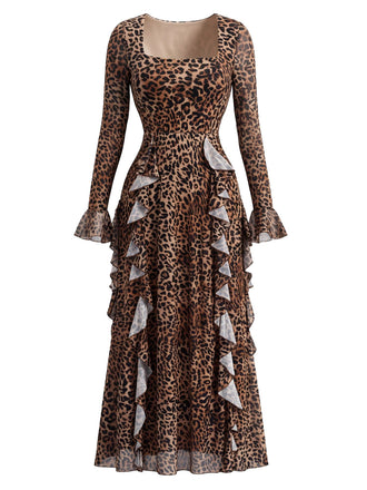 Robe longue léopard à col carré et volants années 1980