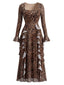 Robe longue léopard à col carré et volants années 1980