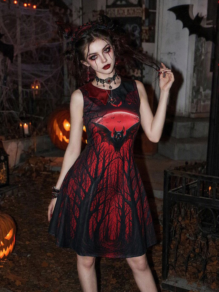 [Prévente] Robe gothique d’Halloween à imprimé vampire et chauves-souris années 1950