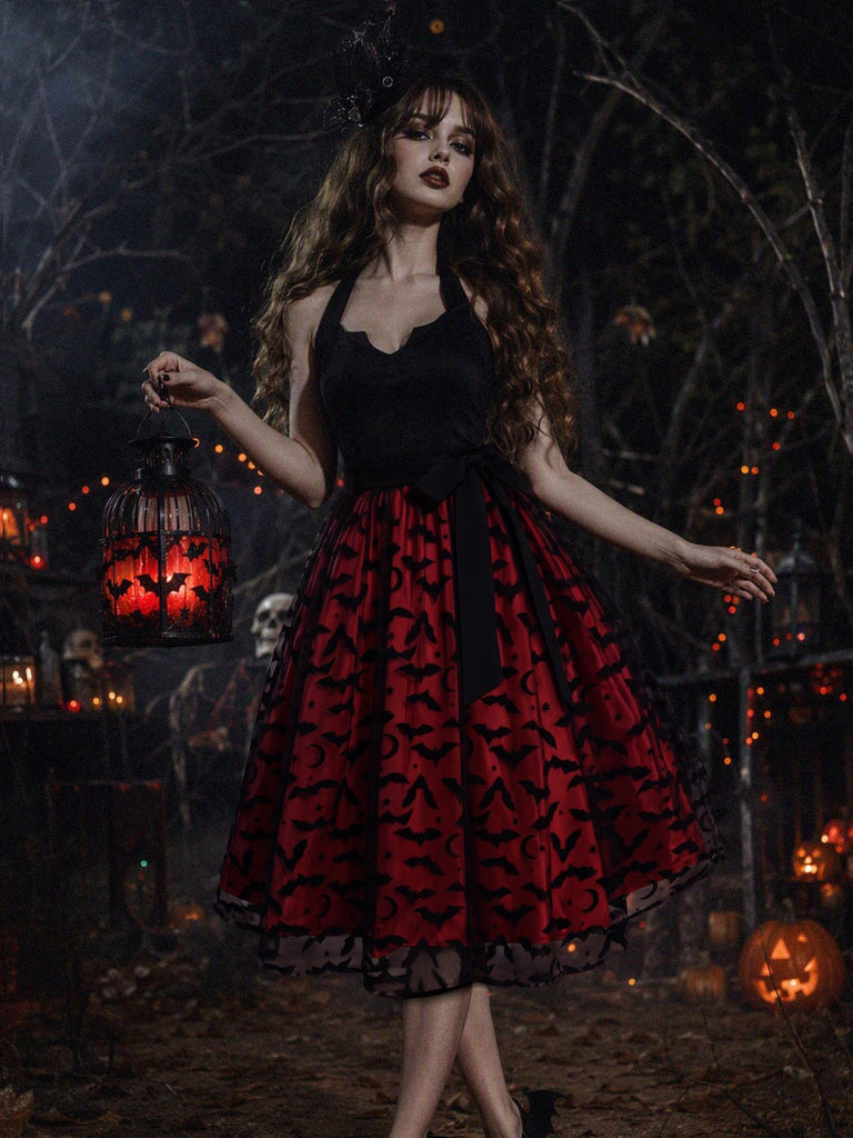 [Prévente] Robe rouge et noire d’Halloween dos nu Halter en tulle à chauves-souris et nœud années 1950