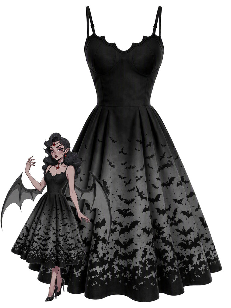[Prévente] Robe gothique noire évasée à chauves-souris et fines bretelles années 1950