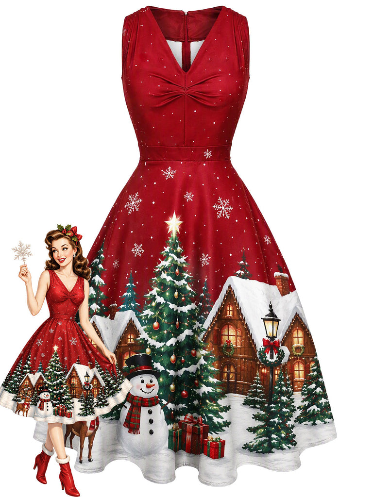 [Prévente] Robe trapèze froncée de Noël à col V Années 1950 - 1