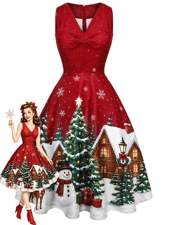 [Prévente] Robe trapèze froncée de Noël à col V Années 1950 - 1