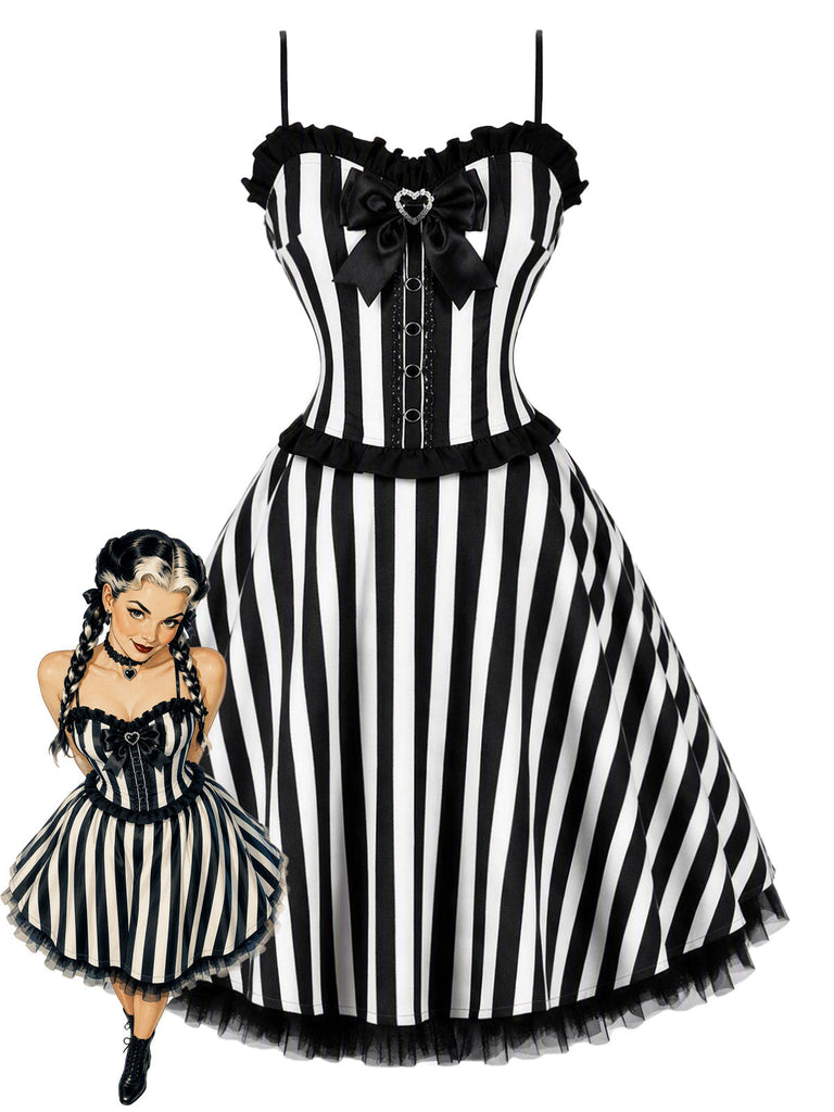 [Prévente] Robe évasée noire et blanche en tulle à rayures et nœud années 1950