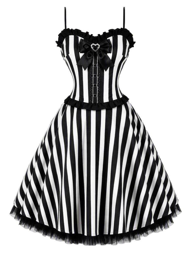[Prévente] Robe évasée noire et blanche en tulle à rayures et nœud années 1950