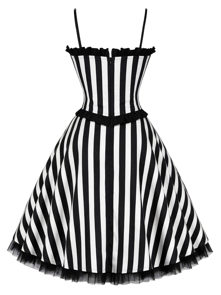 [Prévente] Robe évasée noire et blanche en tulle à rayures et nœud années 1950
