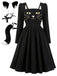 [Prévente] Ensemble robe noire à col carré et accessoires chat années 1950