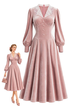 [Prévente] Robe rose en velours à col en dentelle et manches longues Années 1930 - 1