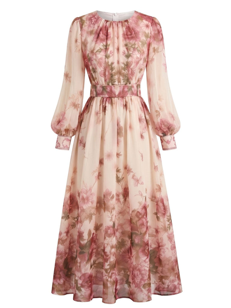 Robe rose en mousseline florale à manches lanternes années 1970