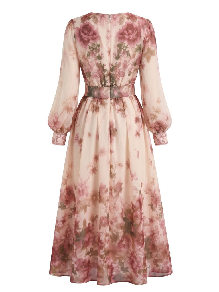 Robe rose en mousseline florale à manches lanternes années 1970